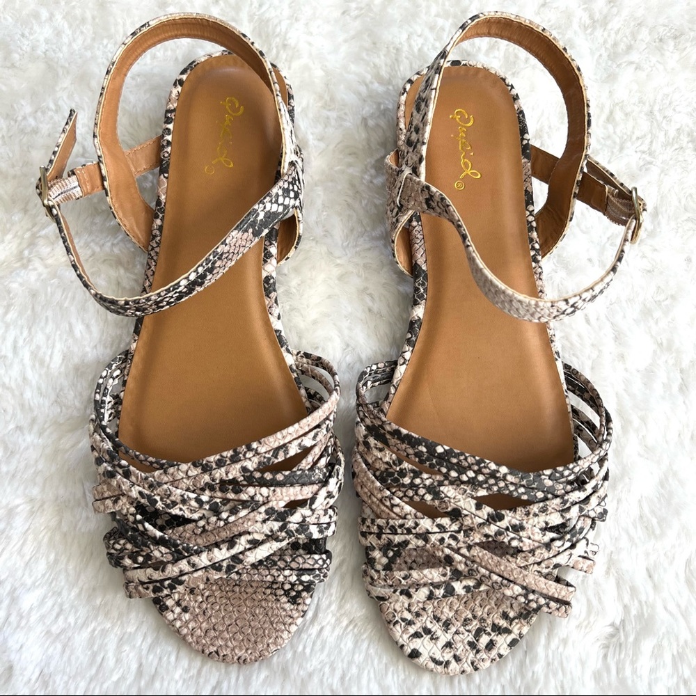 Qupid Strappy Woven Snakeskin Ankle Strap Heel Sandals